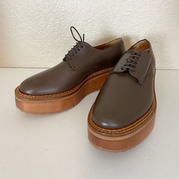 Robert Clergerie Brook wood effect chocolate brown leather Derby platforms 38.5 - Picture 5 of 9